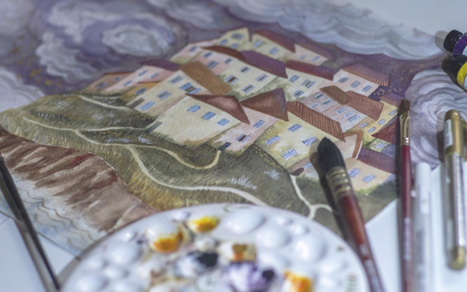 Ambiente concept art con attenzione ai dettagli architettonici e atmosfera